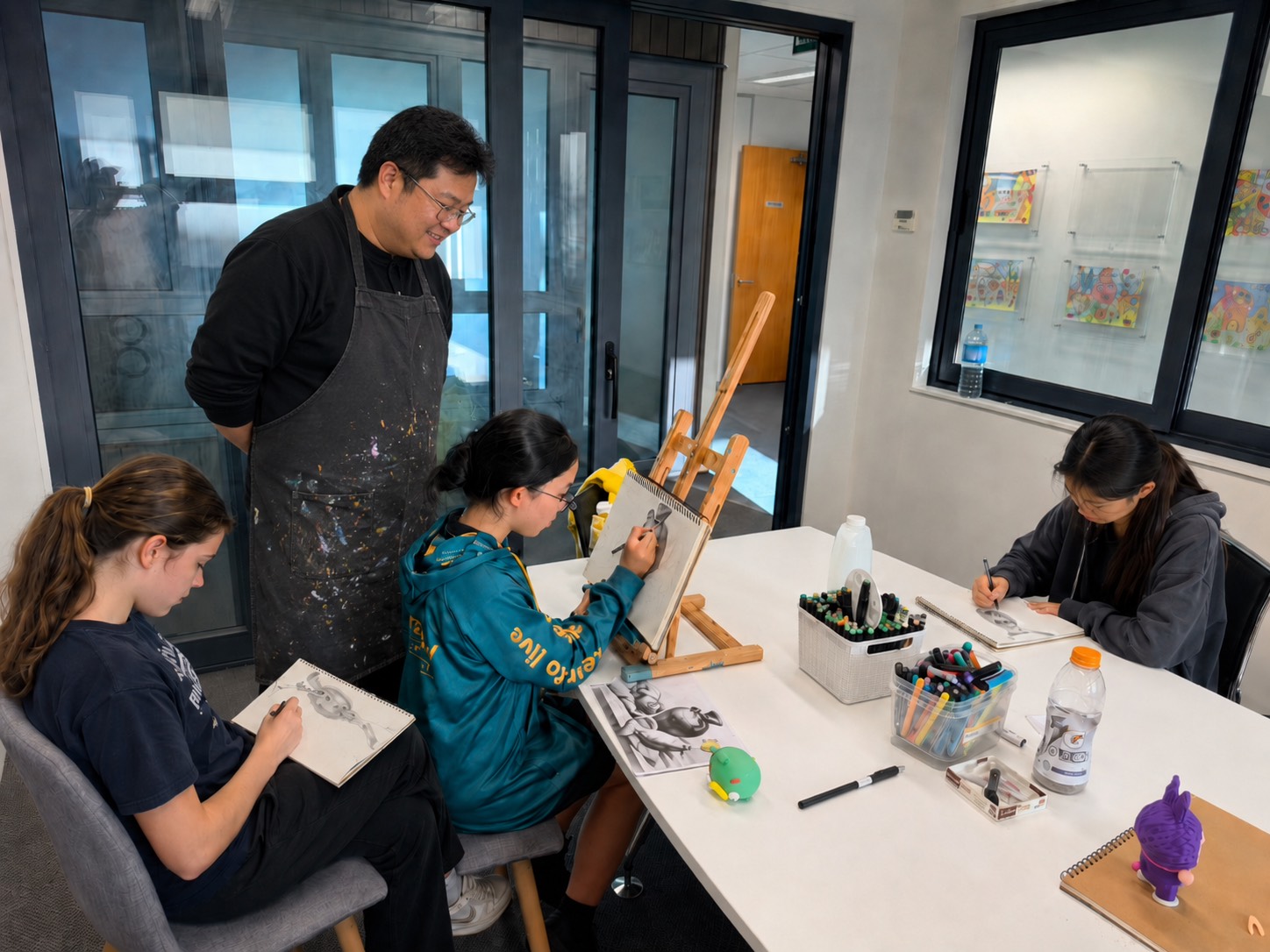 Teacher guiding a student in sketching