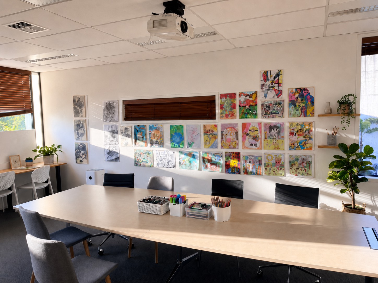 Student artwork display wall in the classroom